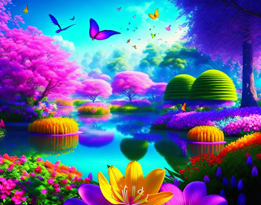 Colorful Fantasy Landscape with Pink Trees, Blue River, Flowers, Butterflies