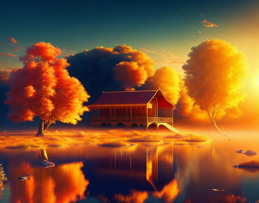 Tranquil digital art: stilt house by reflective lake, autumn trees, warm sunset sky.