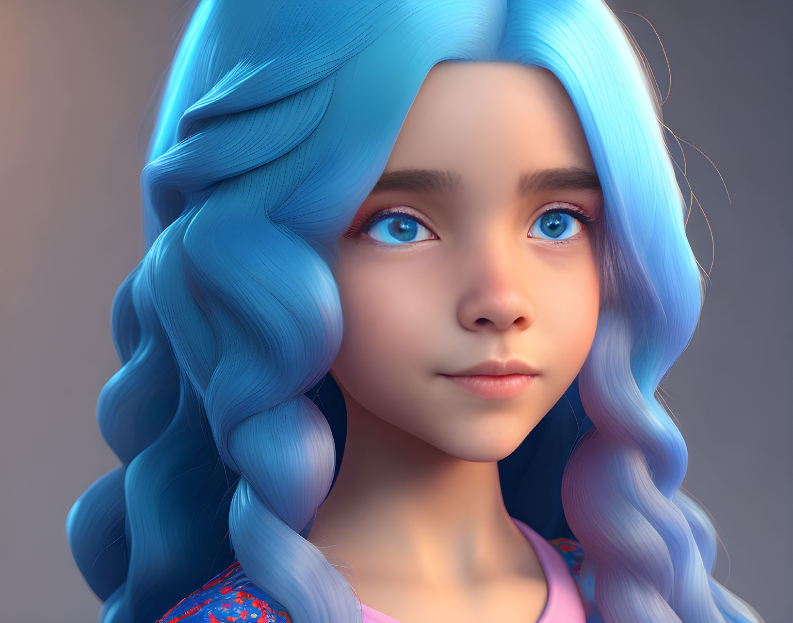 Blue-haired girl portrait in 3D render against neutral backdrop