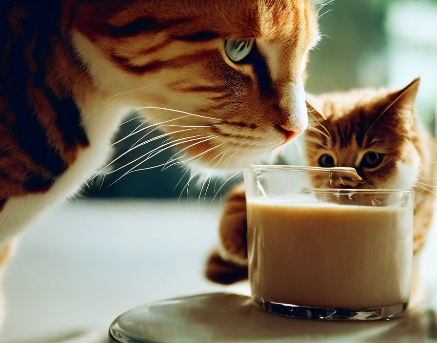 Curious cats examining glass of milk on table