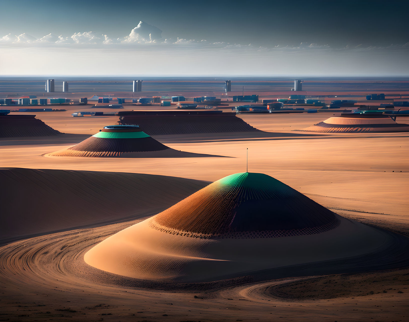 Futuristic desert landscape with streamlined structures and green pinnacle under hazy sky