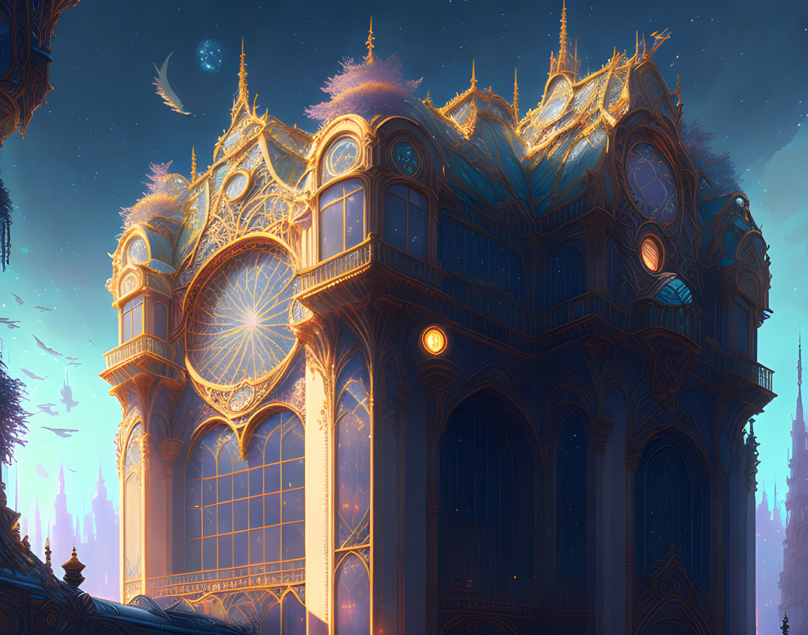 Ornate, celestial-themed building with intricate architecture at dusk