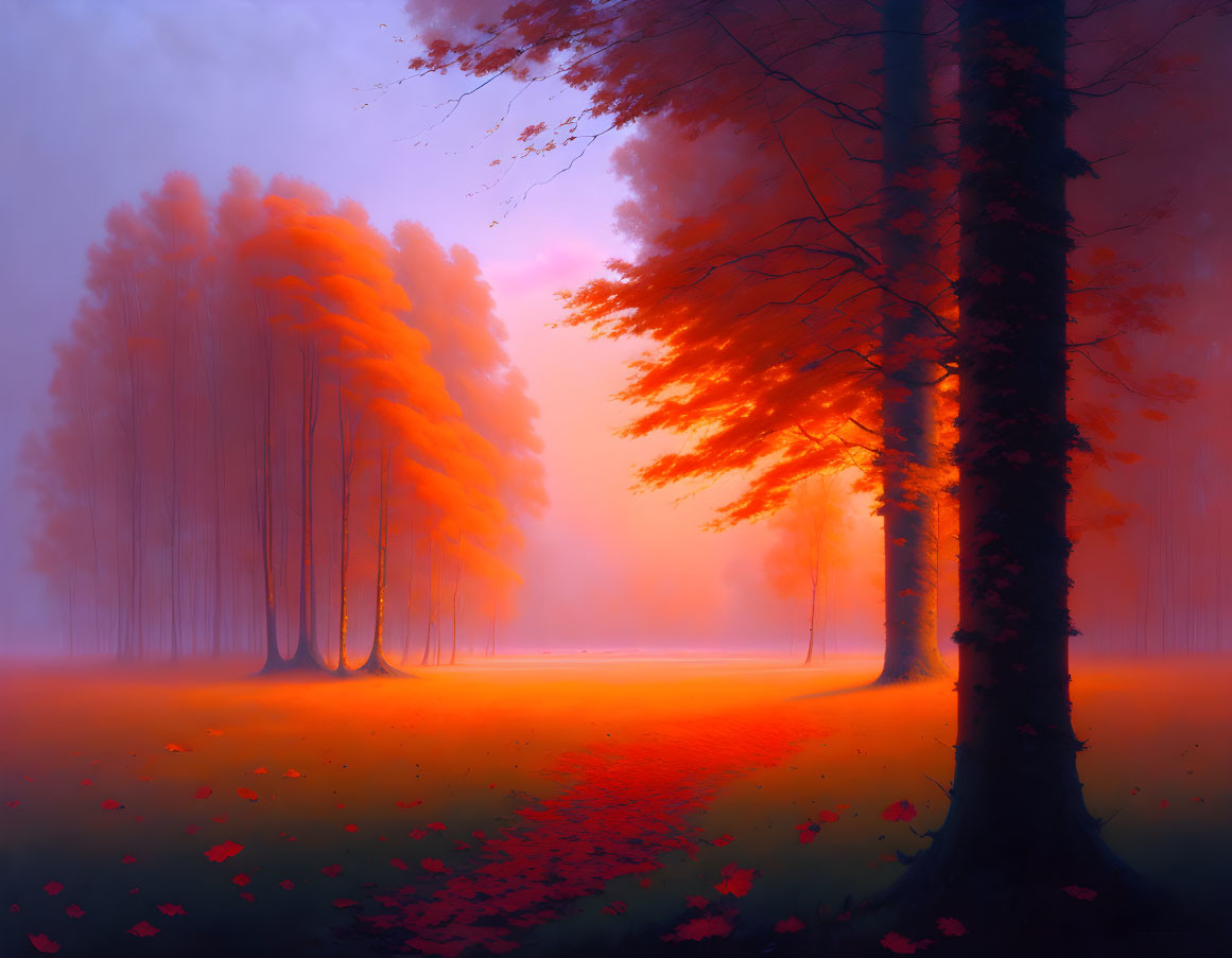 Vivid autumn landscape with orange-red trees and misty background