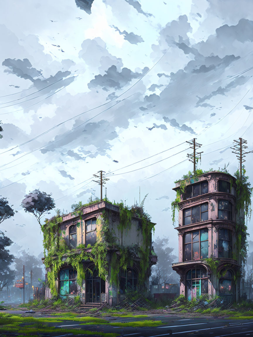 Overgrown abandoned buildings under cloudy sky