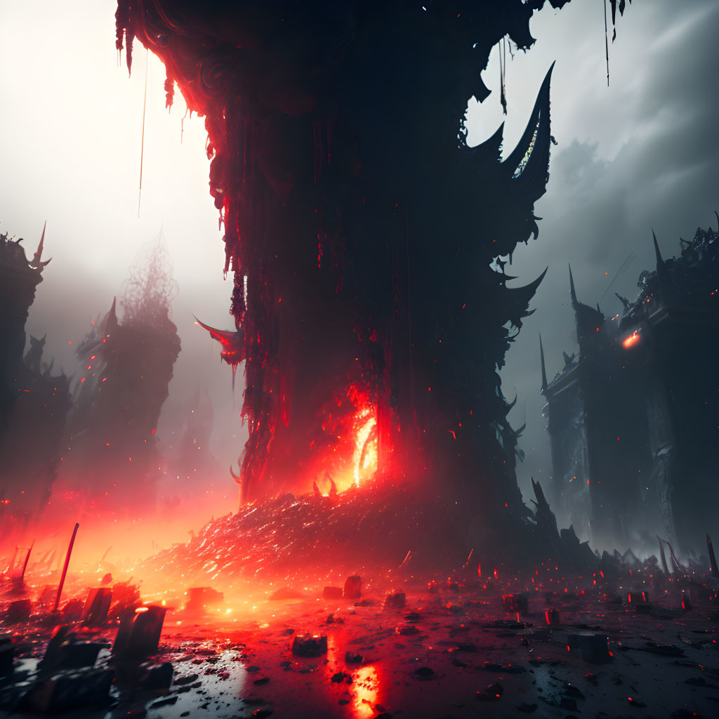 Foreboding landscape with towering structures and lava glow