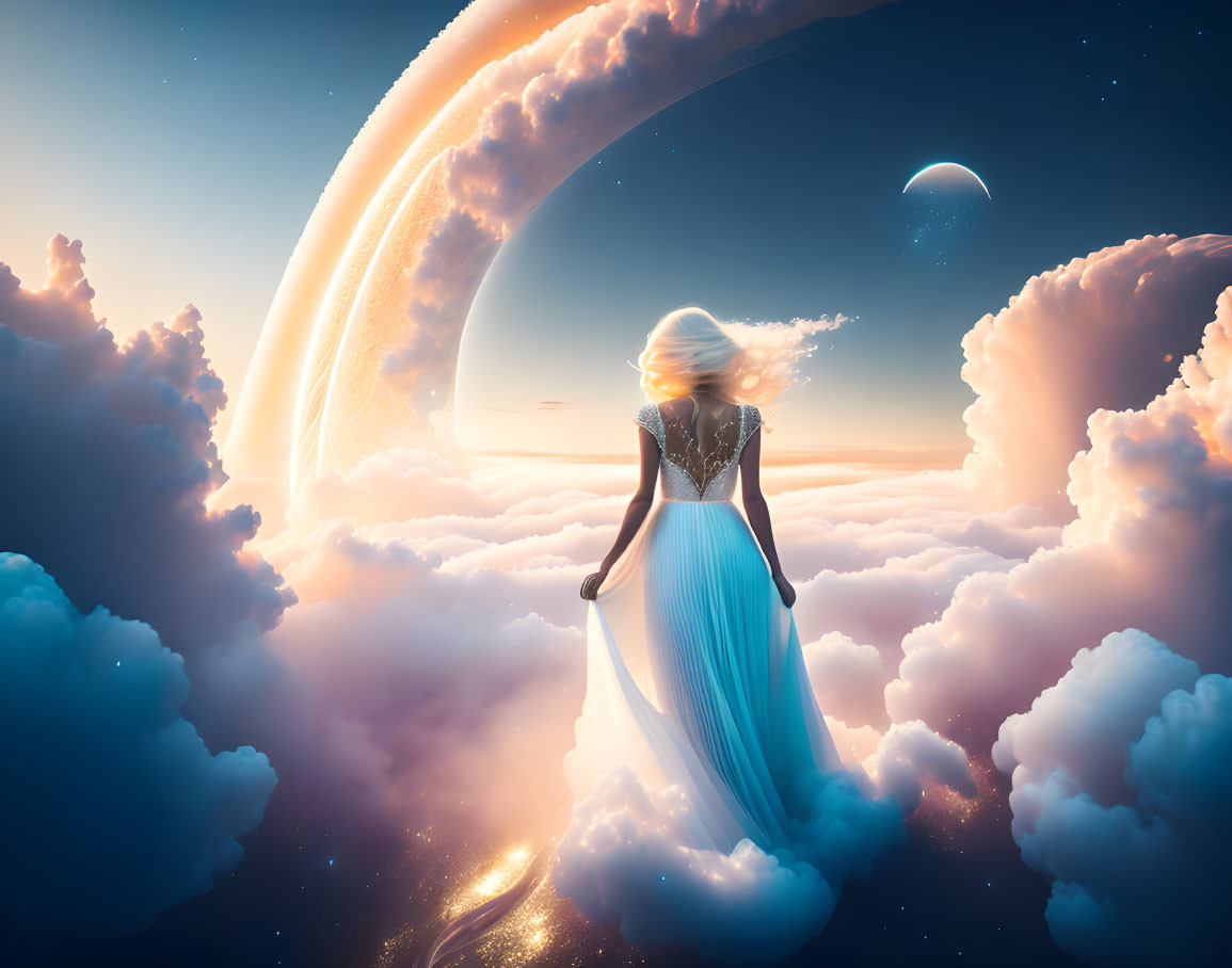 Woman in Blue Dress Stands Above Clouds with Giant Crescent Moon and Planets