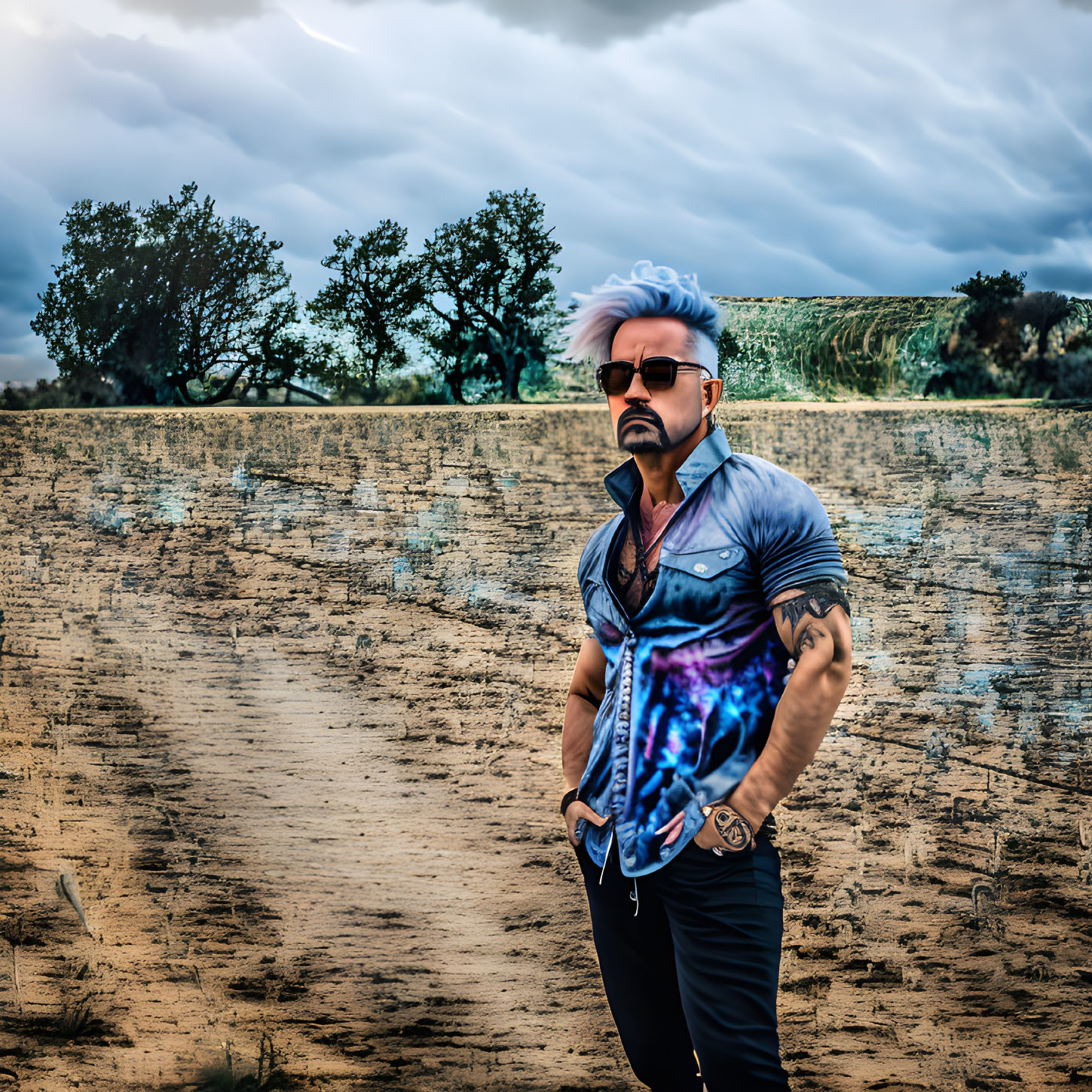 Blue-haired person in galaxy t-shirt poses confidently in rural landscape