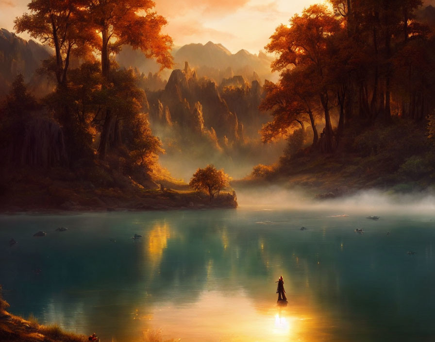 Tranquil autumn landscape with misty mountains, golden trees, lake, and lone figure