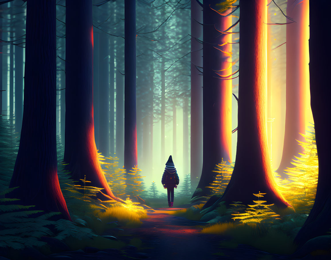 Person walking on path through mystical forest with tall trees in golden light