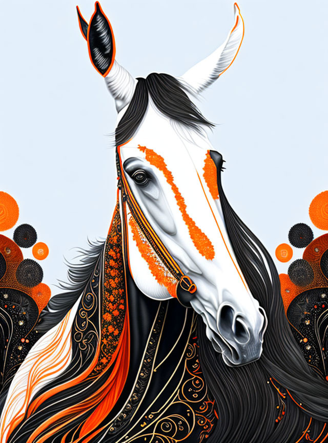 Stylized horse illustration with orange and black patterns