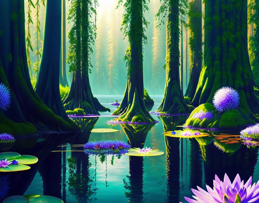 Tranquil forest scene with towering trees, reflective water, and vibrant purple water lilies