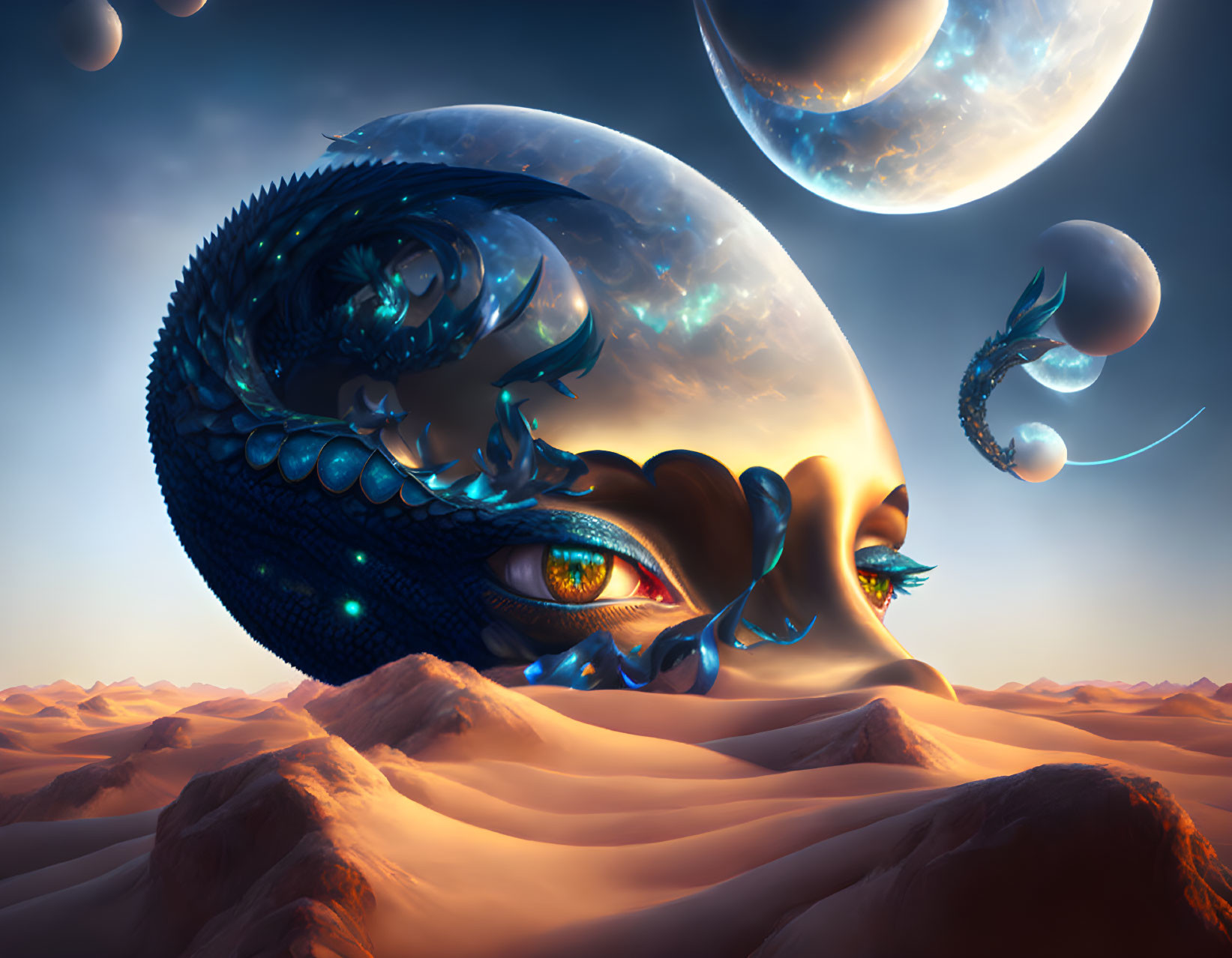 Surrealistic landscape featuring colossal dragon-like creature and multiple moons.