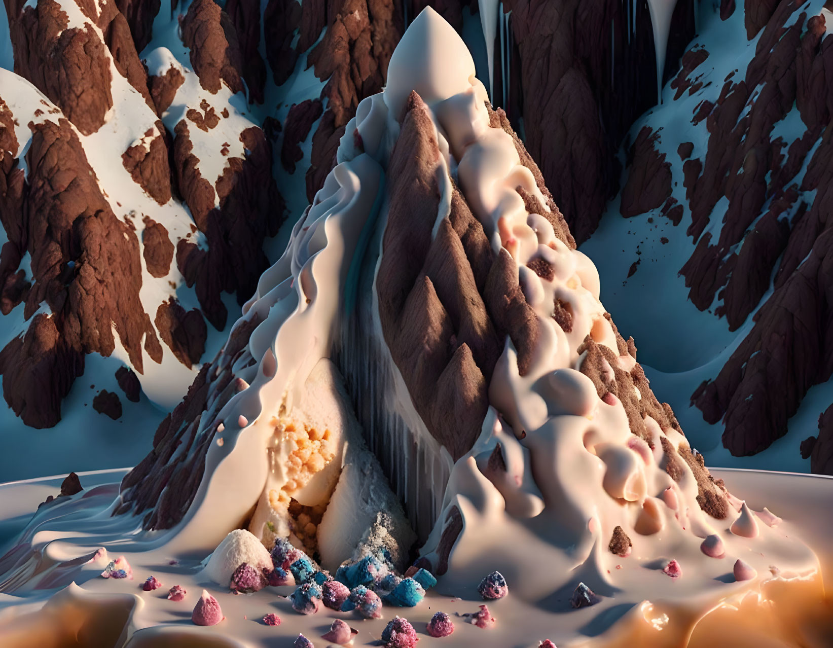 Surreal landscape: melting ice cream cone mountain with flowing streams and colorful rocks