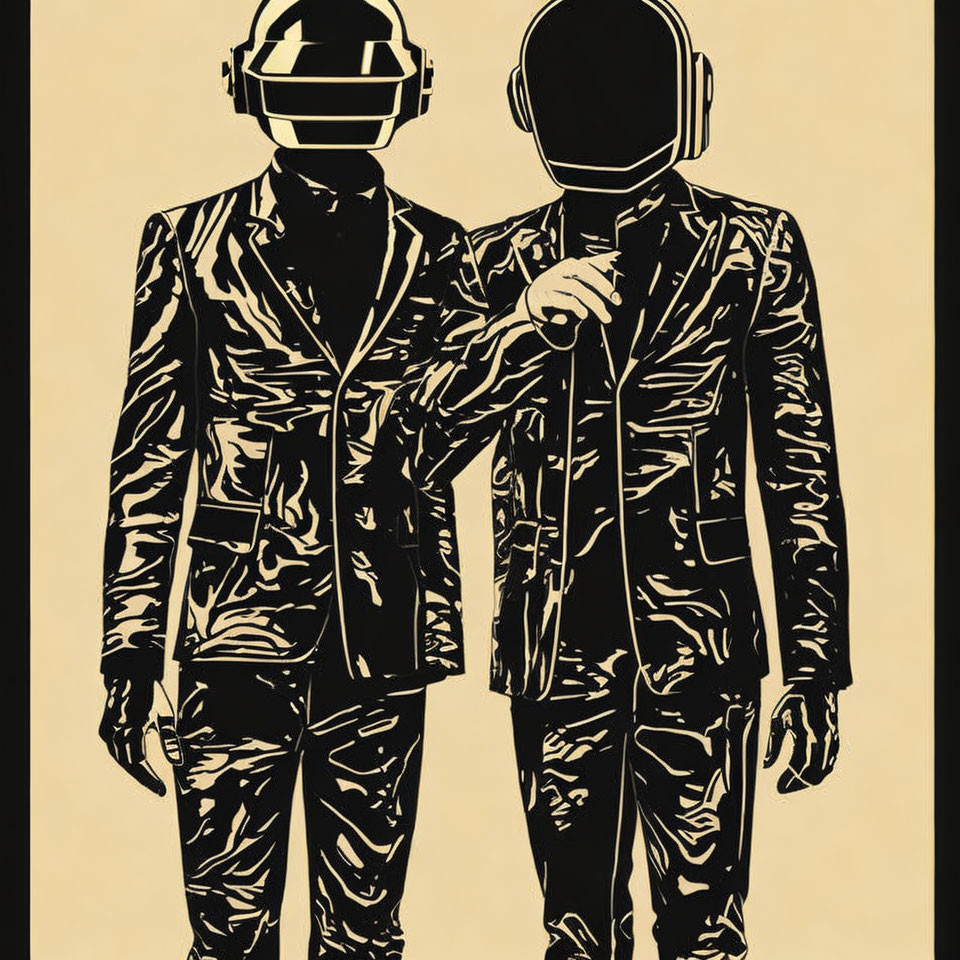 Stylized figures in suits and helmets on tan background