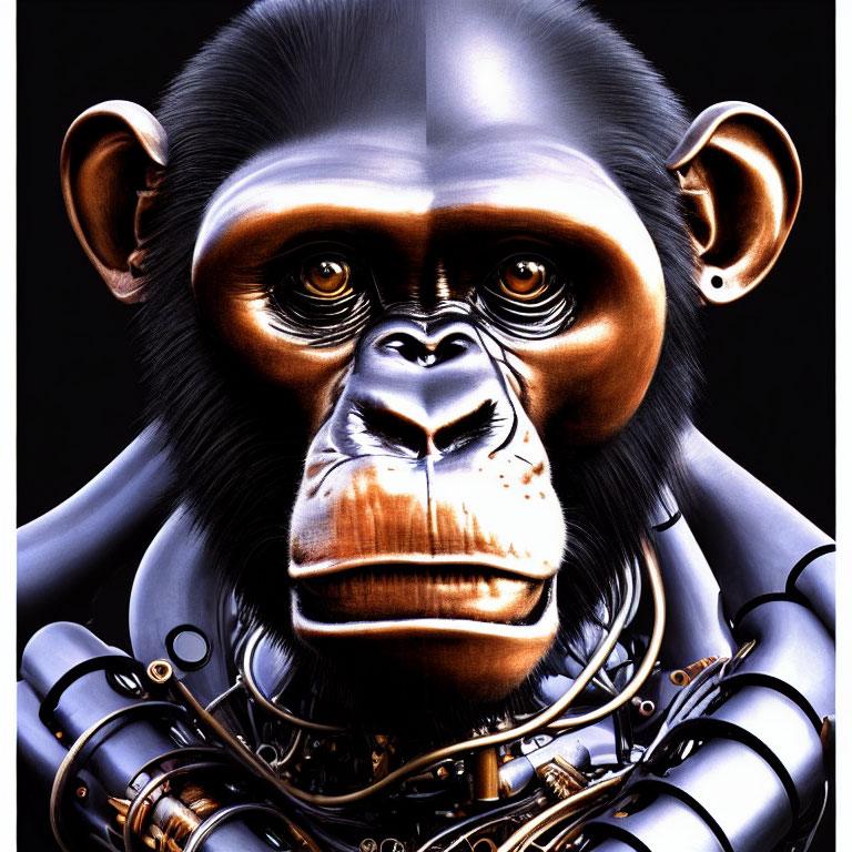 Hyper-realistic chimpanzee with robotic half - intricate mechanical details