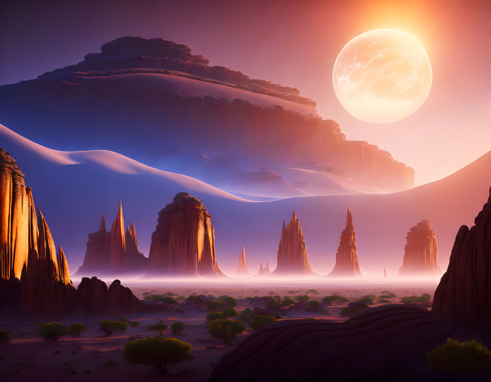 Surreal desert landscape with sand dunes, rock formations, and moon in twilight