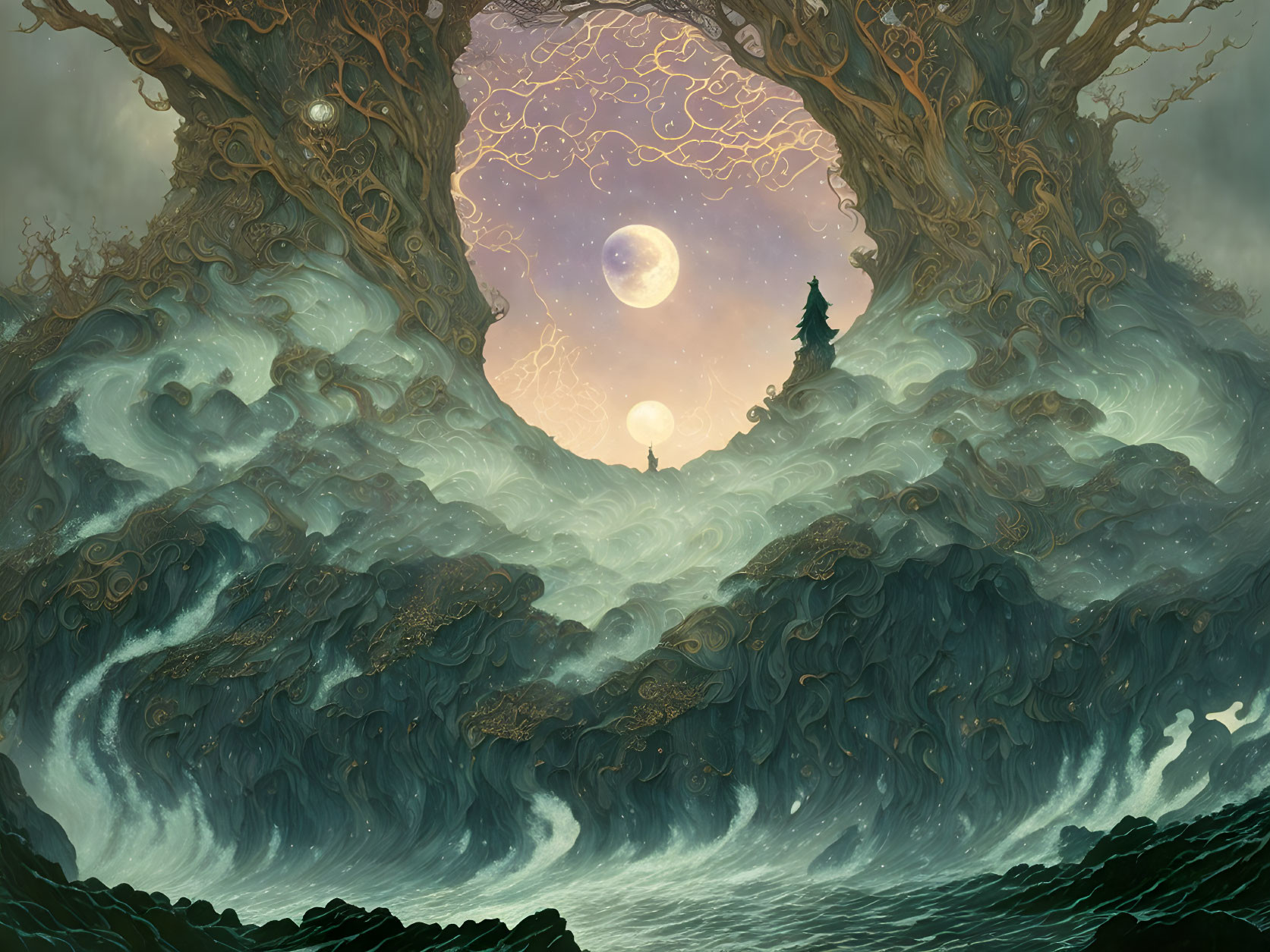 Moonlit Fantasy Landscape with Majestic Trees and Eye-Shaped Clouds