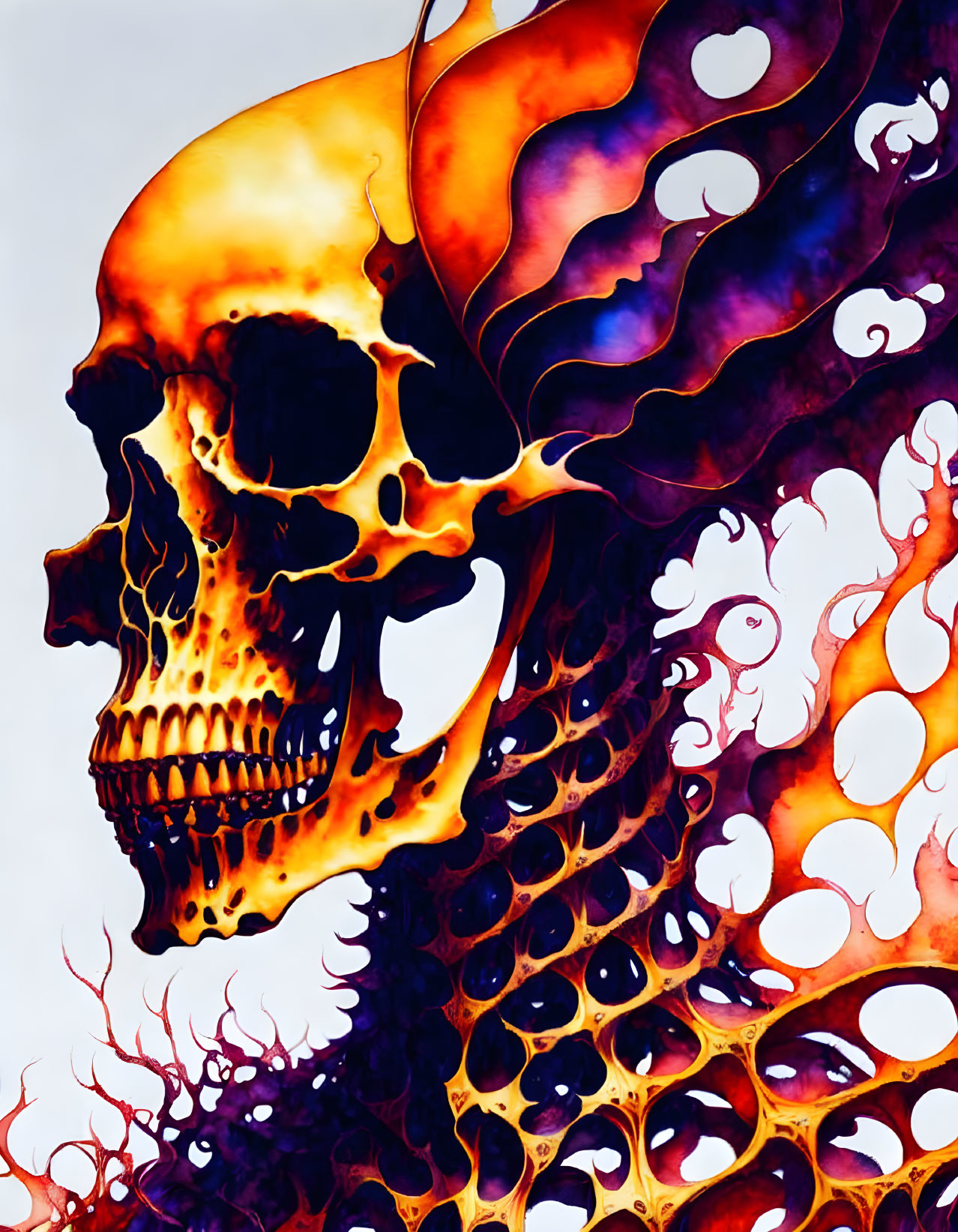 Colorful skull illustration with melting effect and flame-like patterns