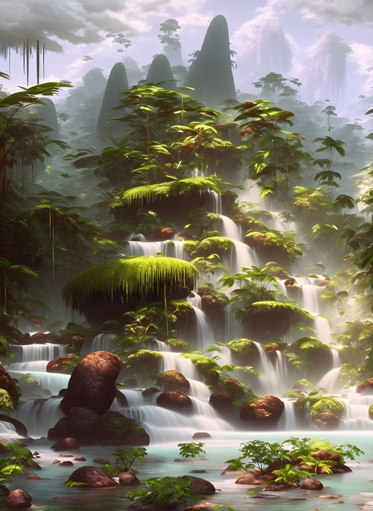 Misty forest scene with waterfalls, towering trees, and moss-covered rocks