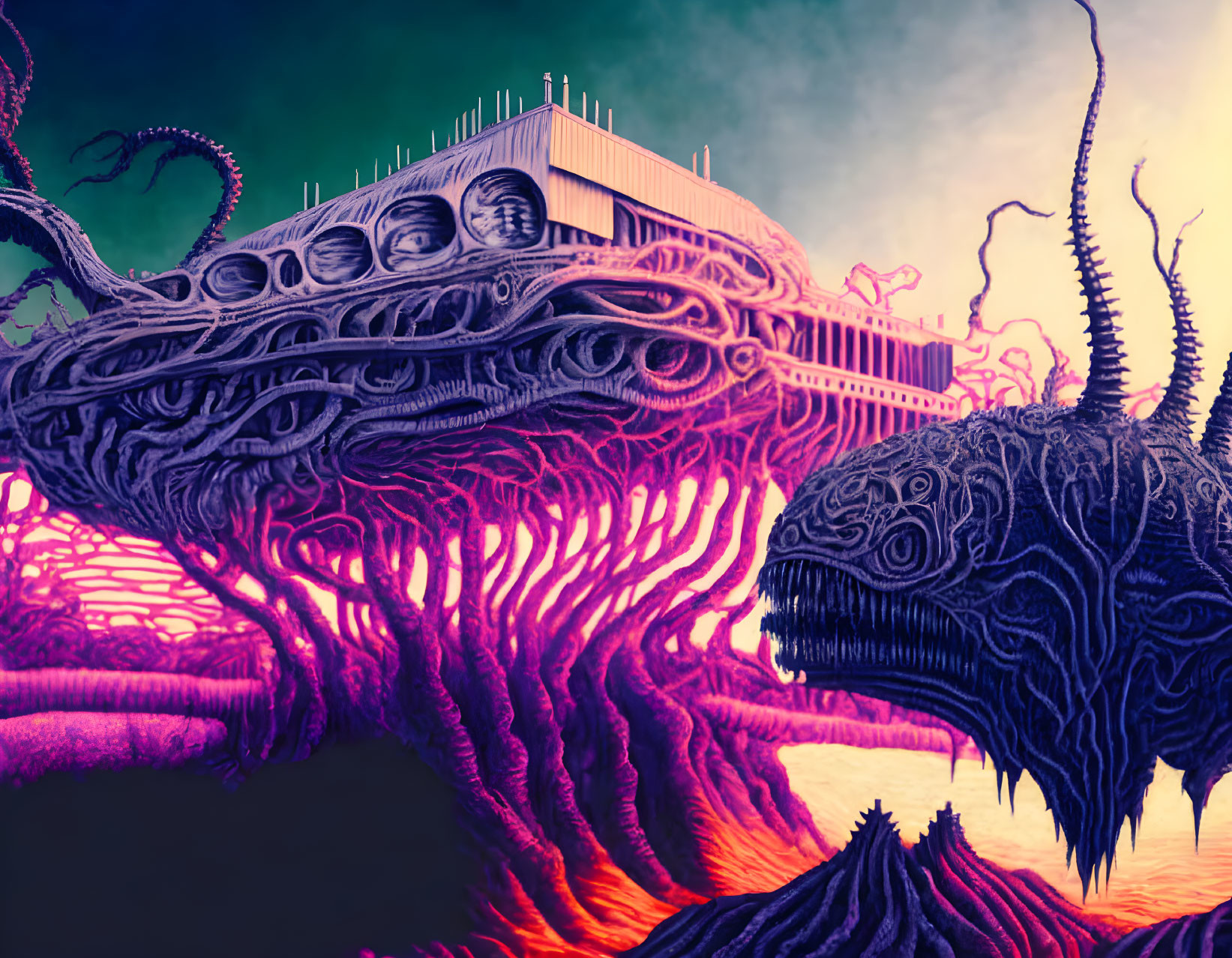 Colorful surreal artwork: building on octopus-like creature in vibrant landscape