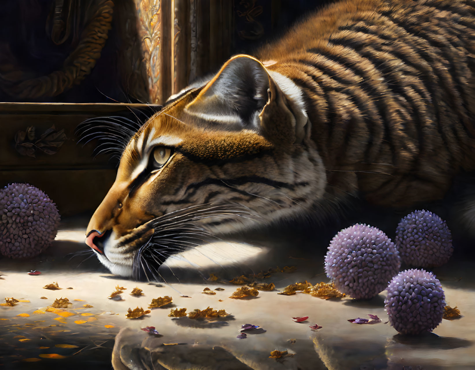 Realistic Tiger Profile Painting with Purple Spheres and Leaves