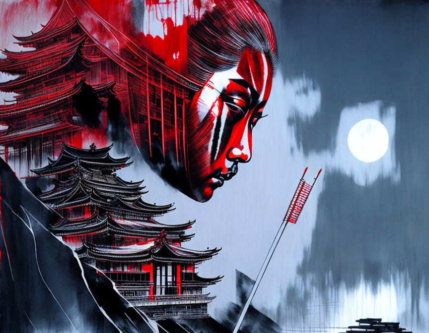 Stylized red and black artwork: face, pagoda, full moon, floating arrow