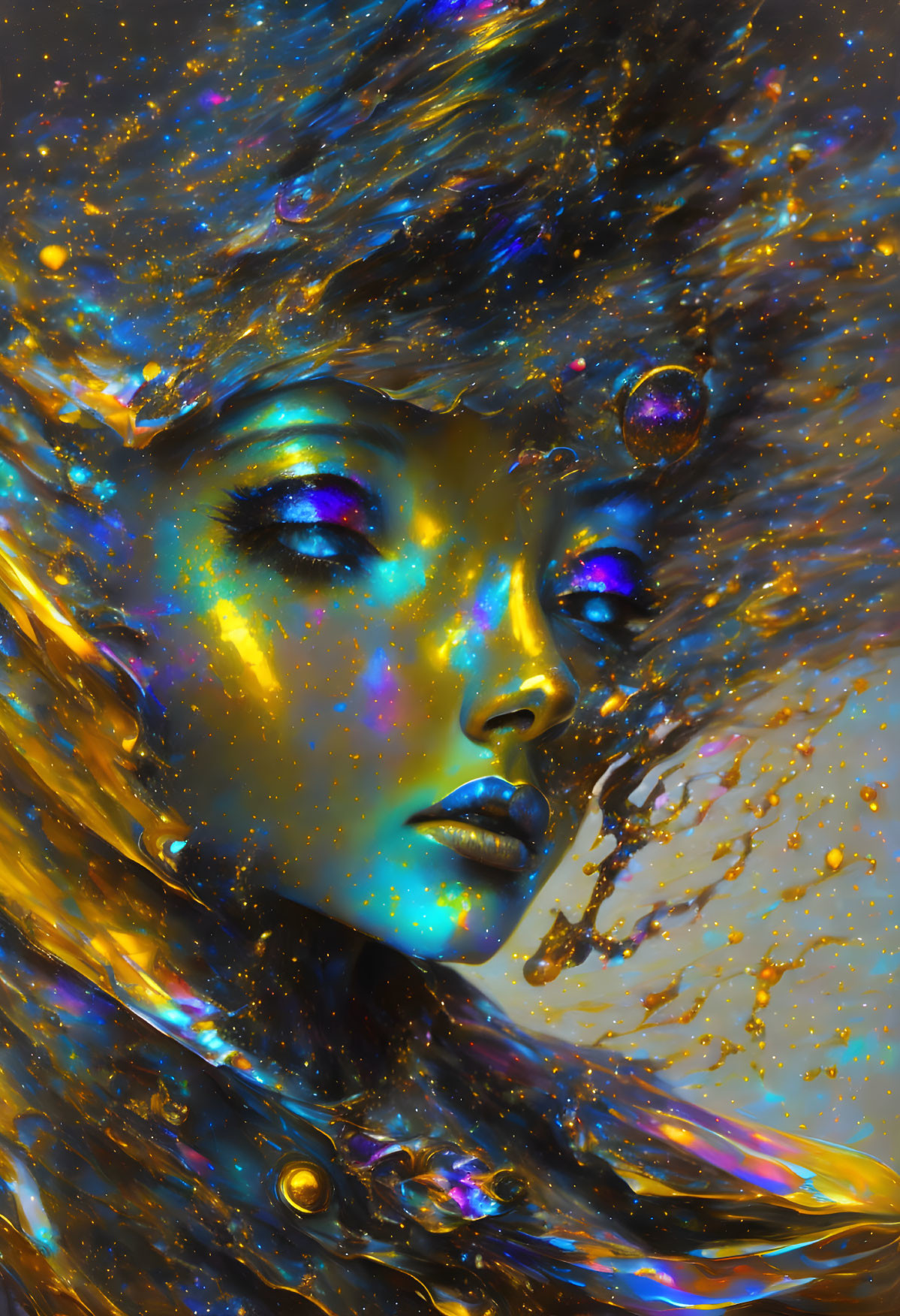 Colorful digital artwork: Woman's face merges with cosmic star texture in blues, golds, celestial