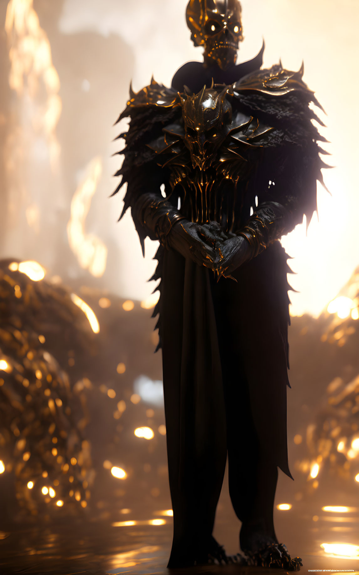 Ornate Black Armor Figure in Fiery Light and Molten Metal