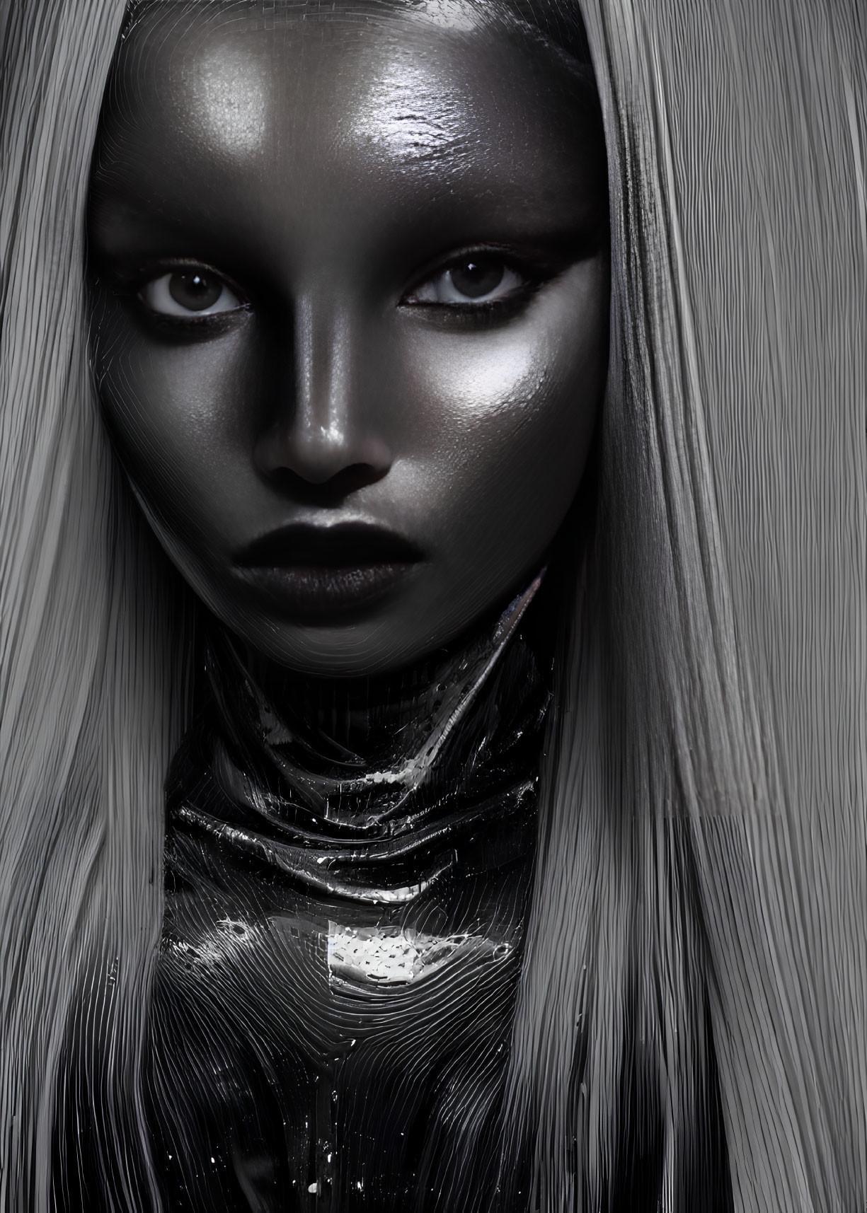 Monochromatic portrait with metallic makeup, black lips, and platinum hair