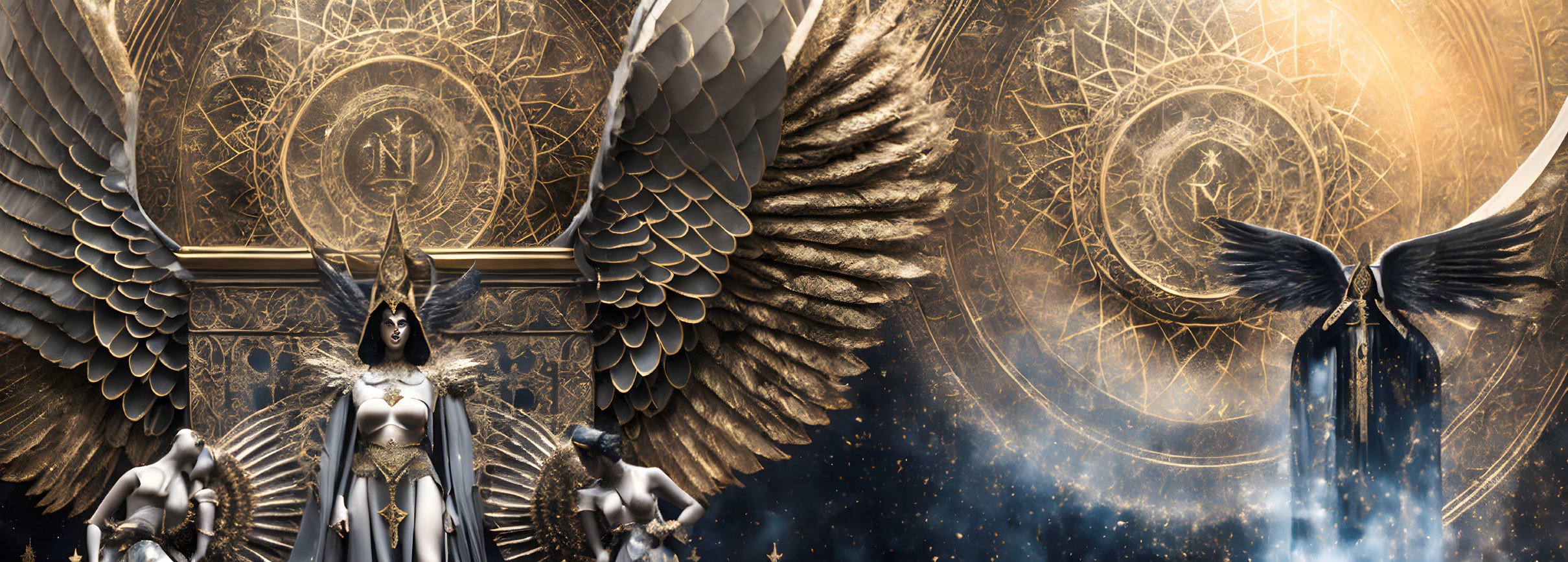 Fantasy illustration of imposing winged figure with golden patterns and celestial background.