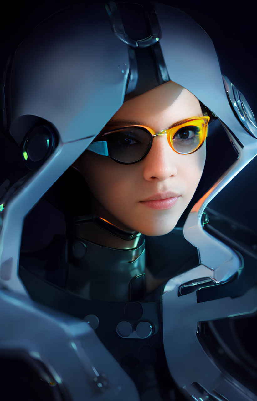 Futuristic helmet with orange-tinted visor glasses on a dark background