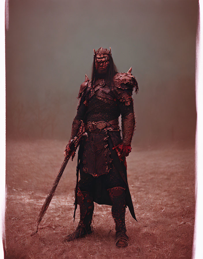 Dark fantasy armor-clad figure with sword in misty landscape