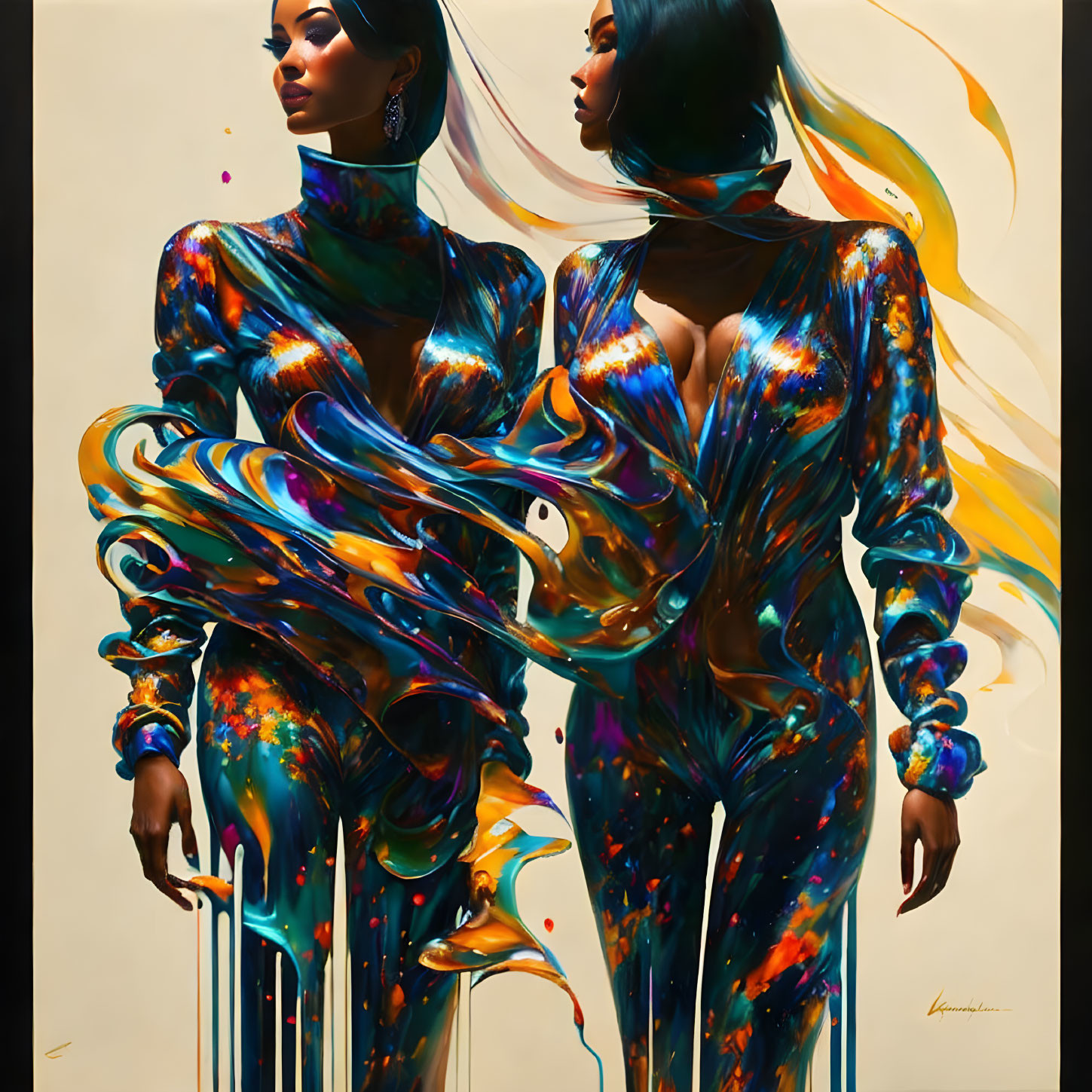 Two women in colorful bodysuits pose back-to-back on neutral background