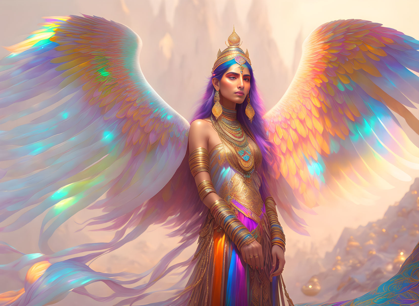 Regal winged female figure in colorful attire against mystical landscape