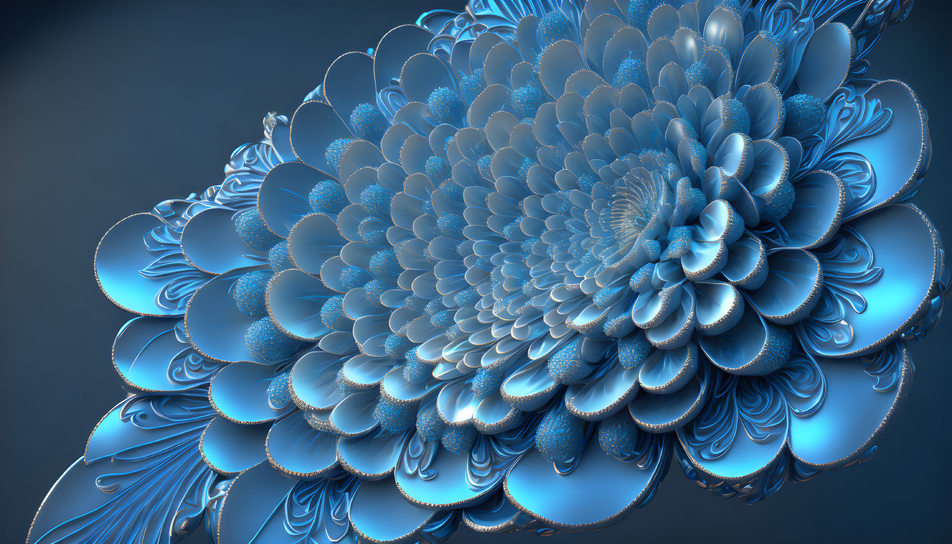 Blue multilayered fractal flower pattern with metallic sheen