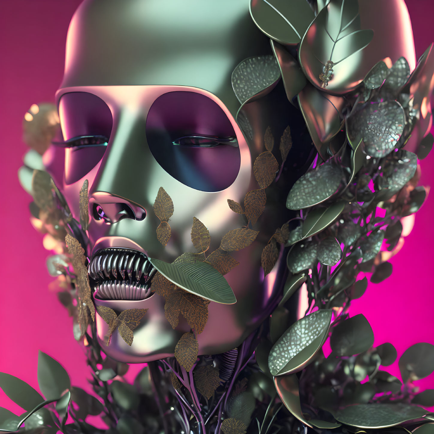 Metallic human-like face with plant stems against pink backdrop: Nature meets futuristic design