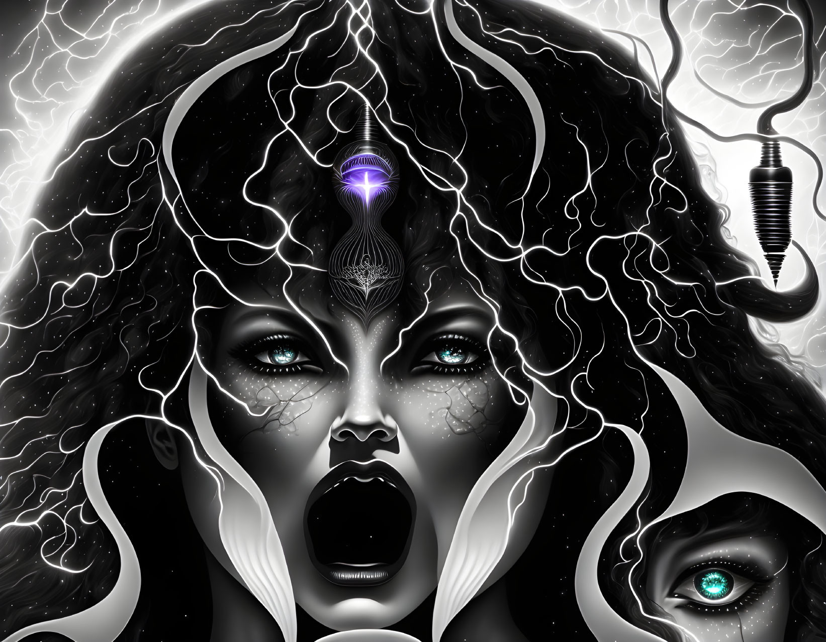 Surreal digital art: mystical woman with electric hair, jewel, hidden eye