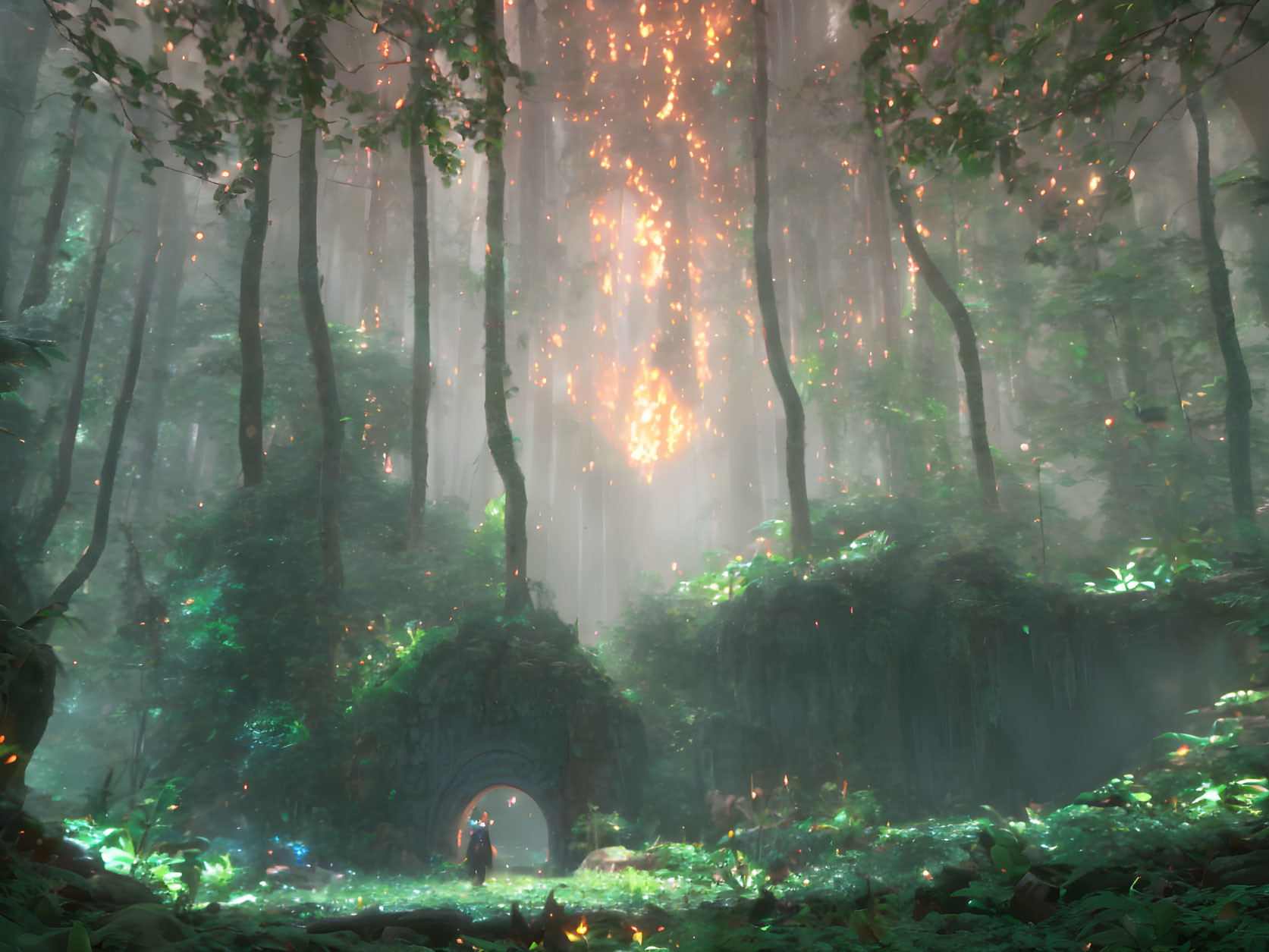 Mysterious forest scene with glowing particles, ancient tree doorway, mist, and solitary figure