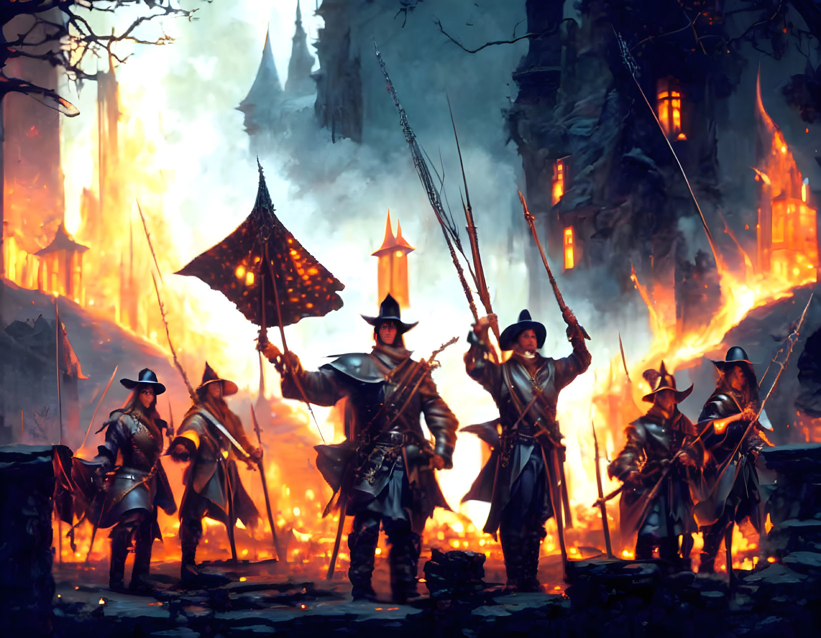 Fantasy characters in musketeer attire amid flames and castle