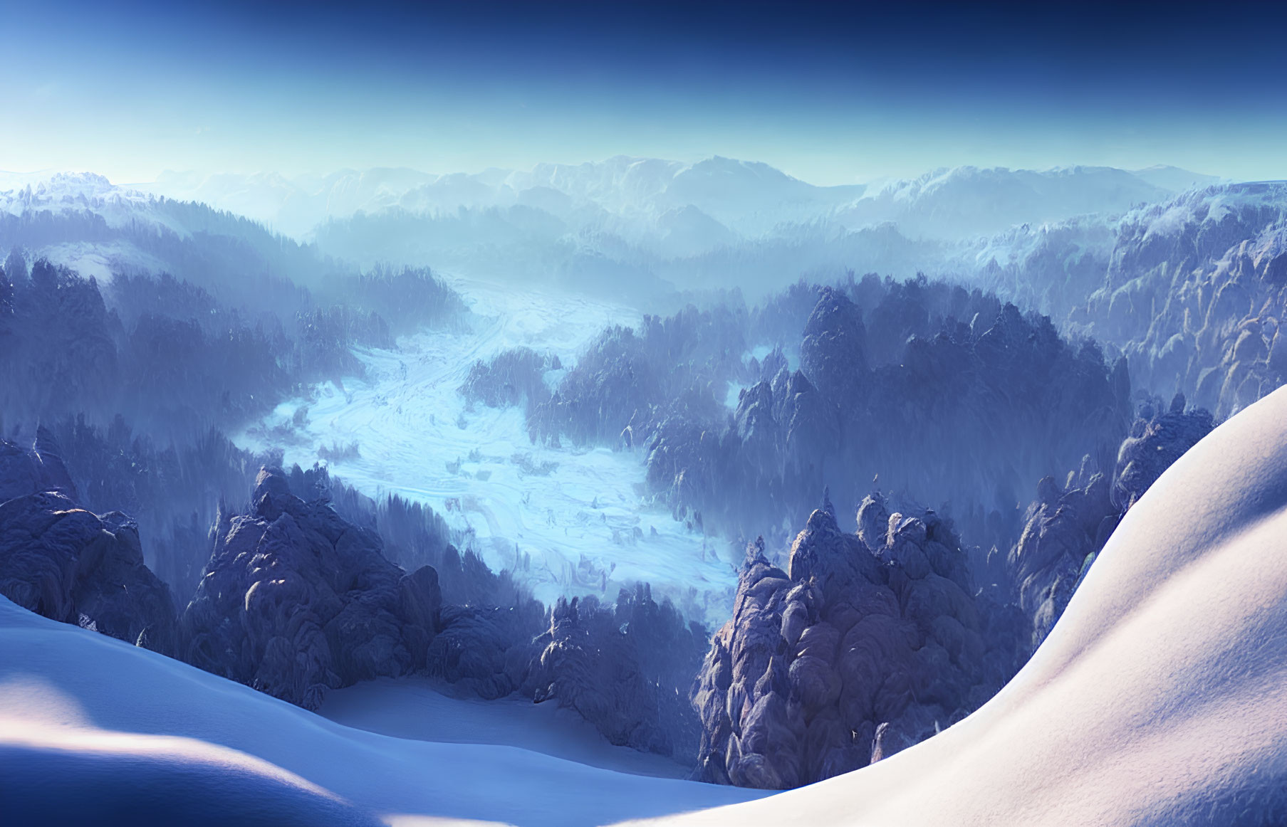 Snow-covered hills and serene valley in winter landscape