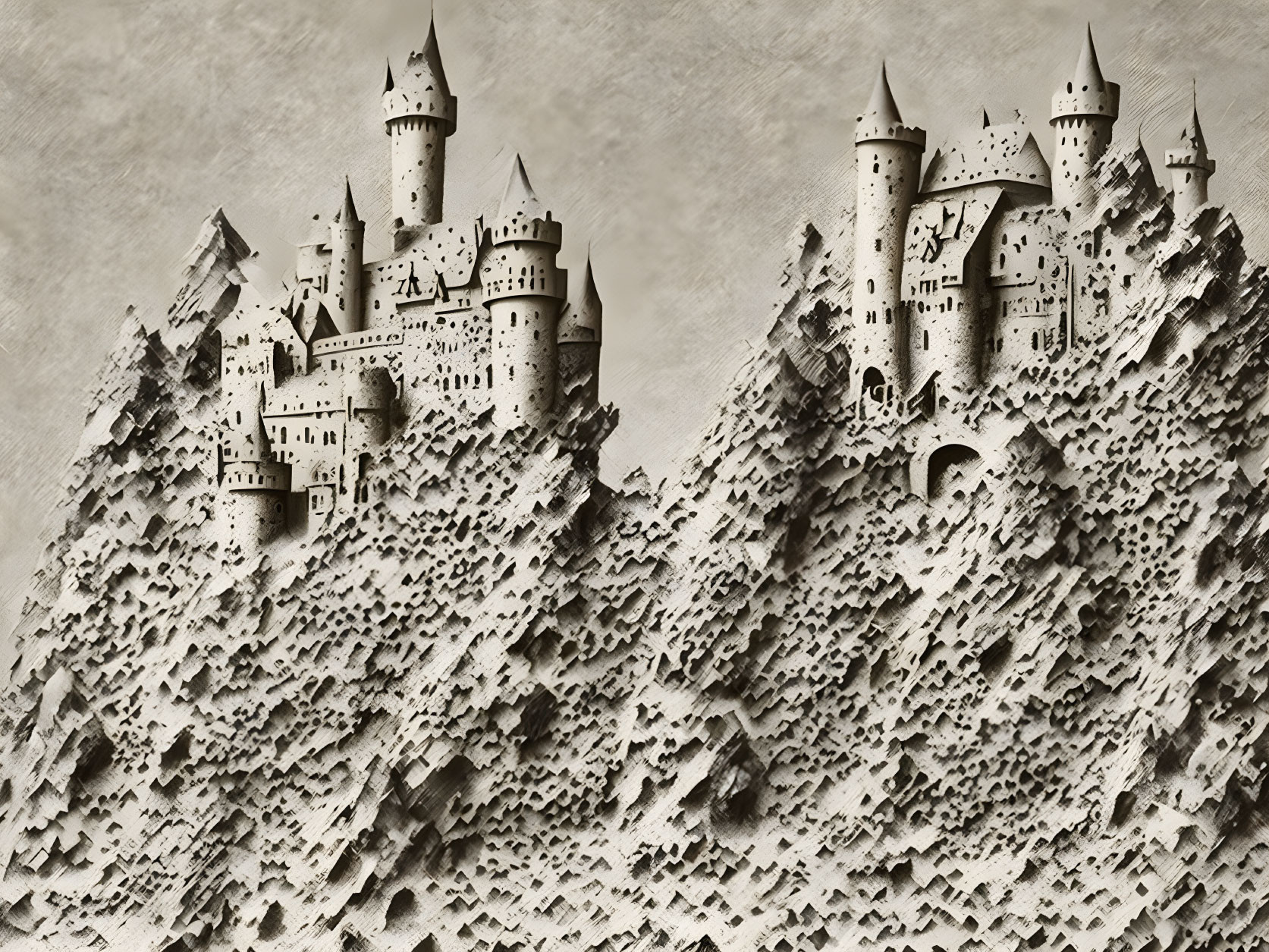 Medieval castles on rugged cliffs with vintage textured background