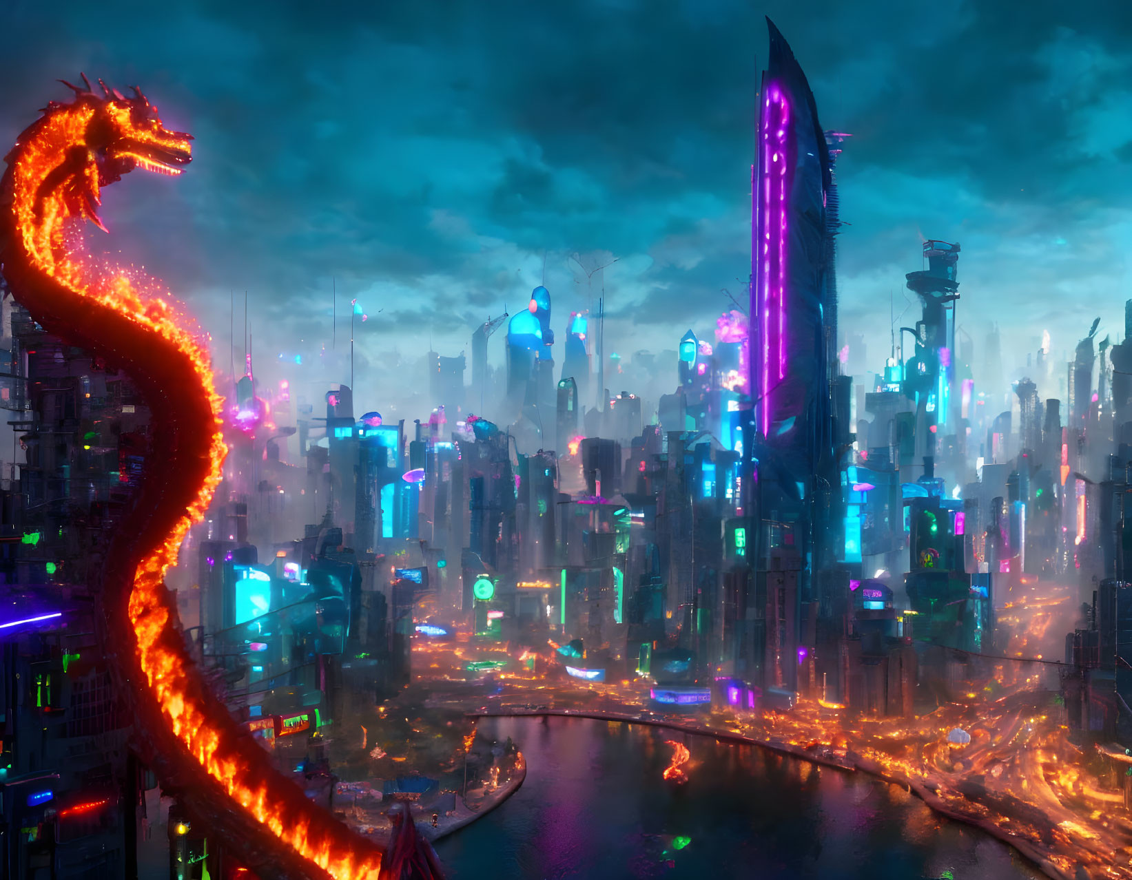 Futuristic cityscape at dusk with neon lights, skyscrapers, and glowing dragon above river