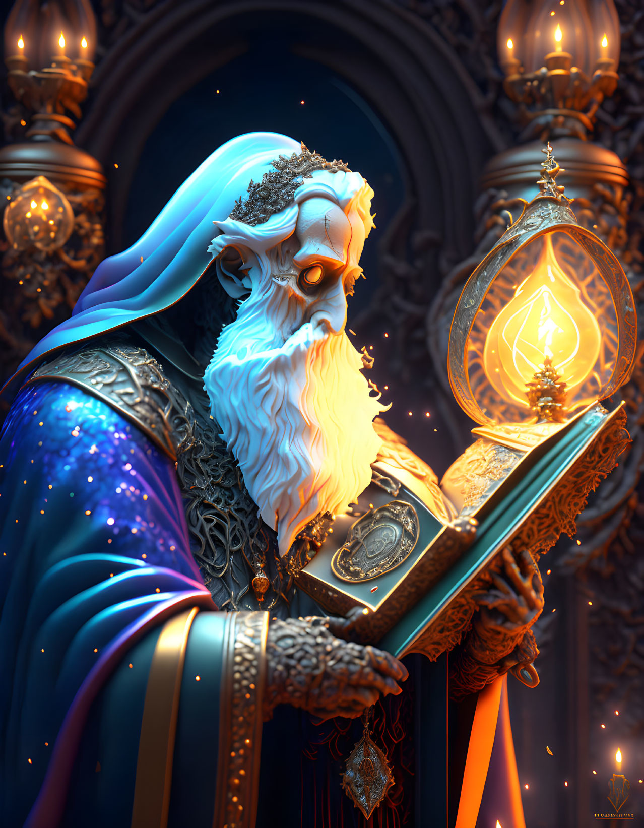 Elderly wizard with white beard in mystical chamber holding magical tome and hourglass