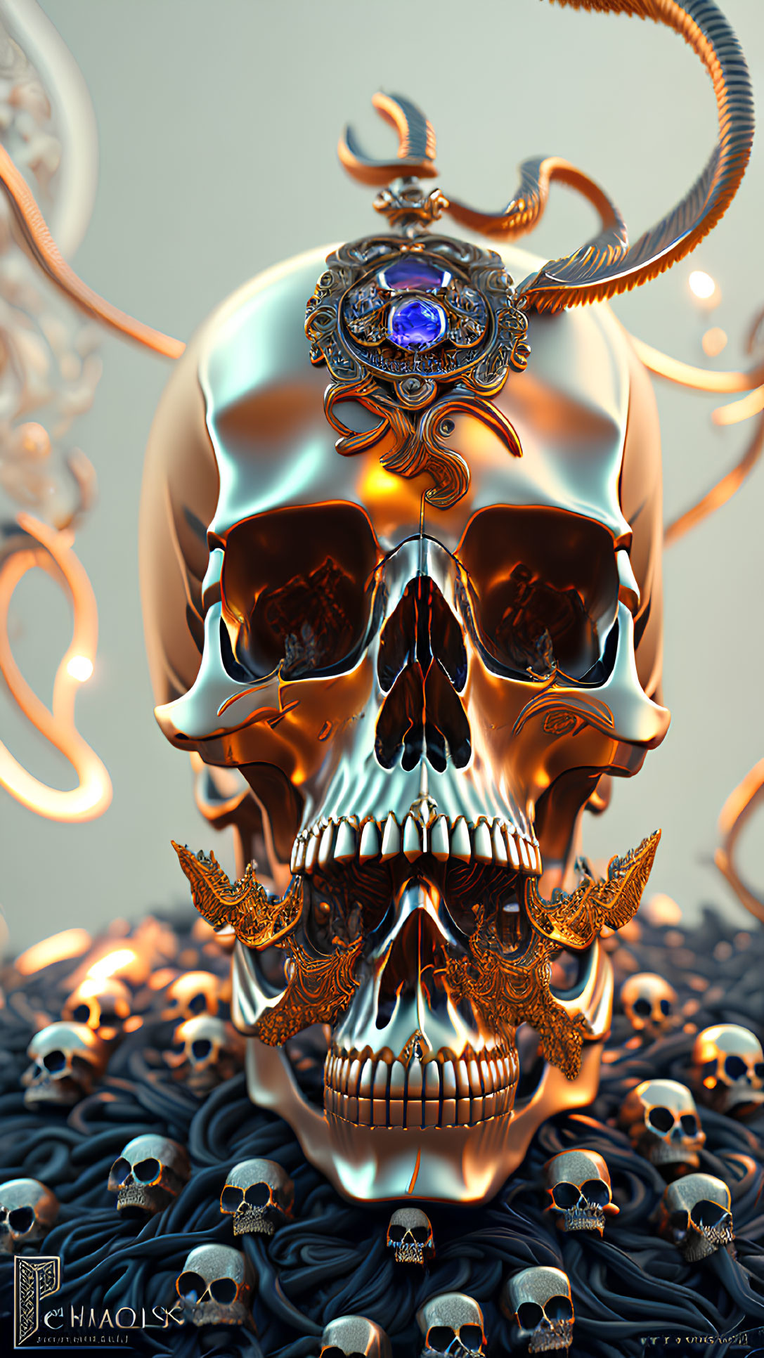 Detailed Digital Artwork: Golden Ornate Skull with Blue Gem and Surrounding Smaller Skulls