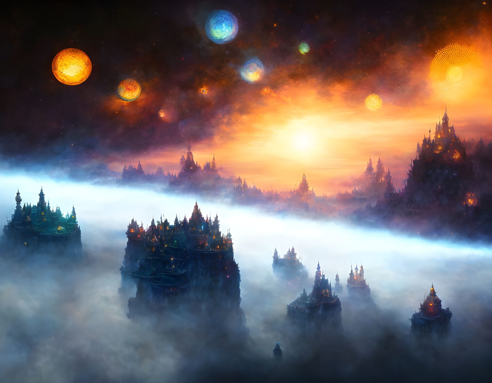 Mystical landscape with ancient temples under starry sky