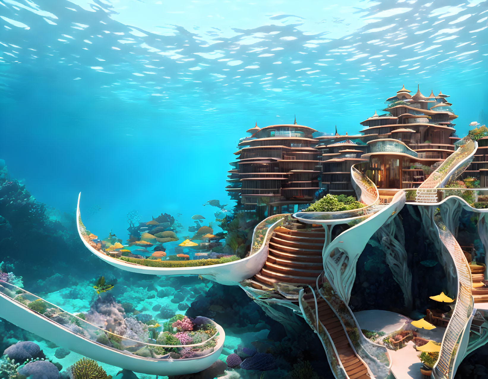 Sleek buildings in futuristic underwater city with tube-like bridge