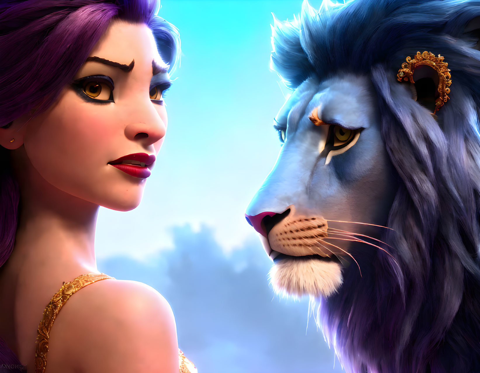 Stylized digital art: Woman with purple hair and lion with golden earring in serene setting