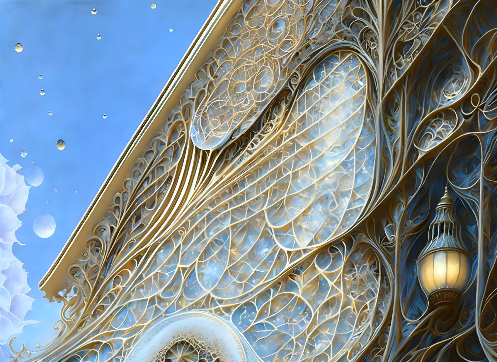 Gold Filigree Structure with Bubbles and Antique Lamp on Blue Sky