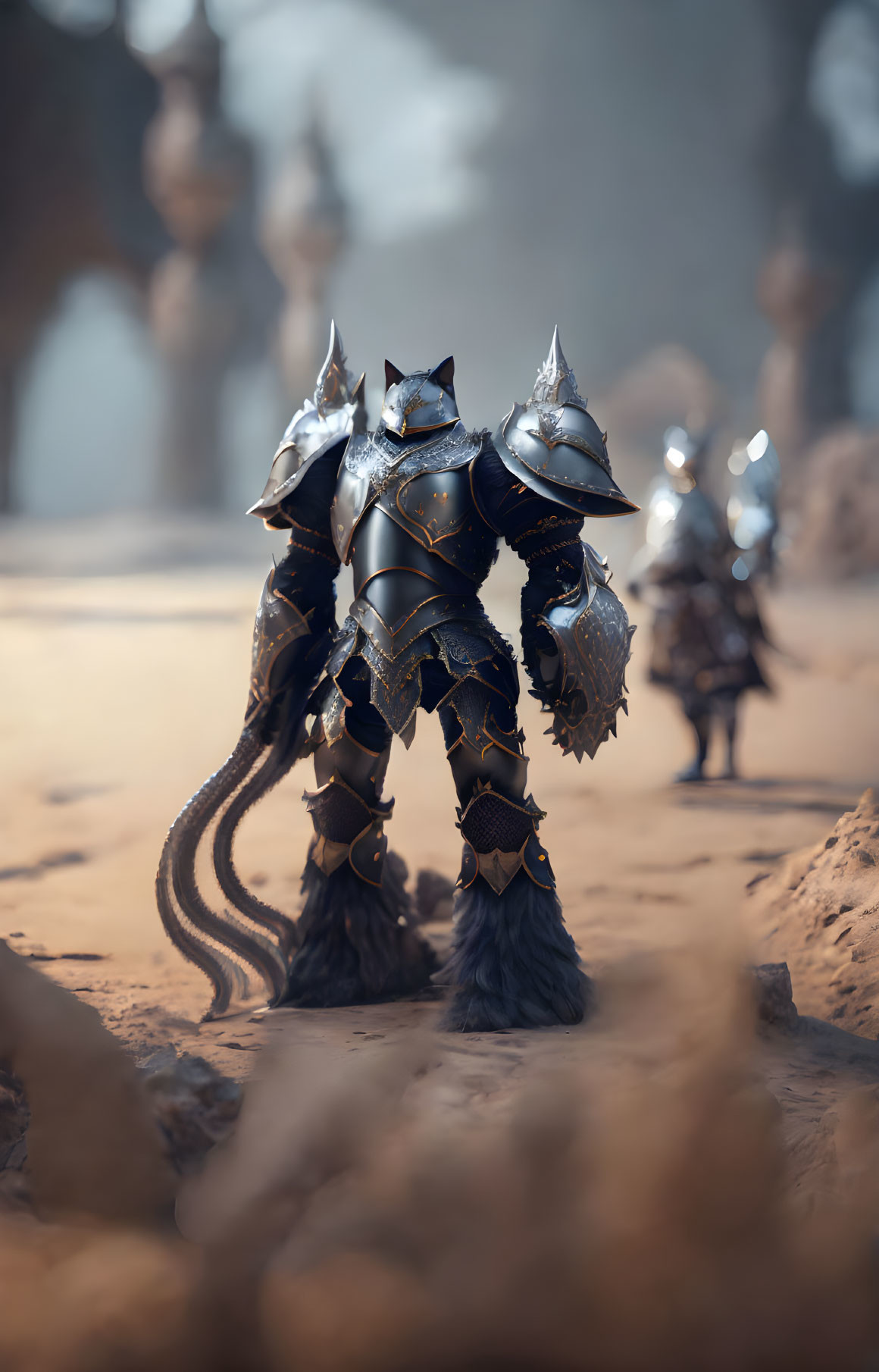 Menacing armored figure with spiked shoulders in desolate landscape