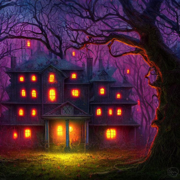 Victorian house with eerie lighting, mysterious figure, and twisted trees at twilight